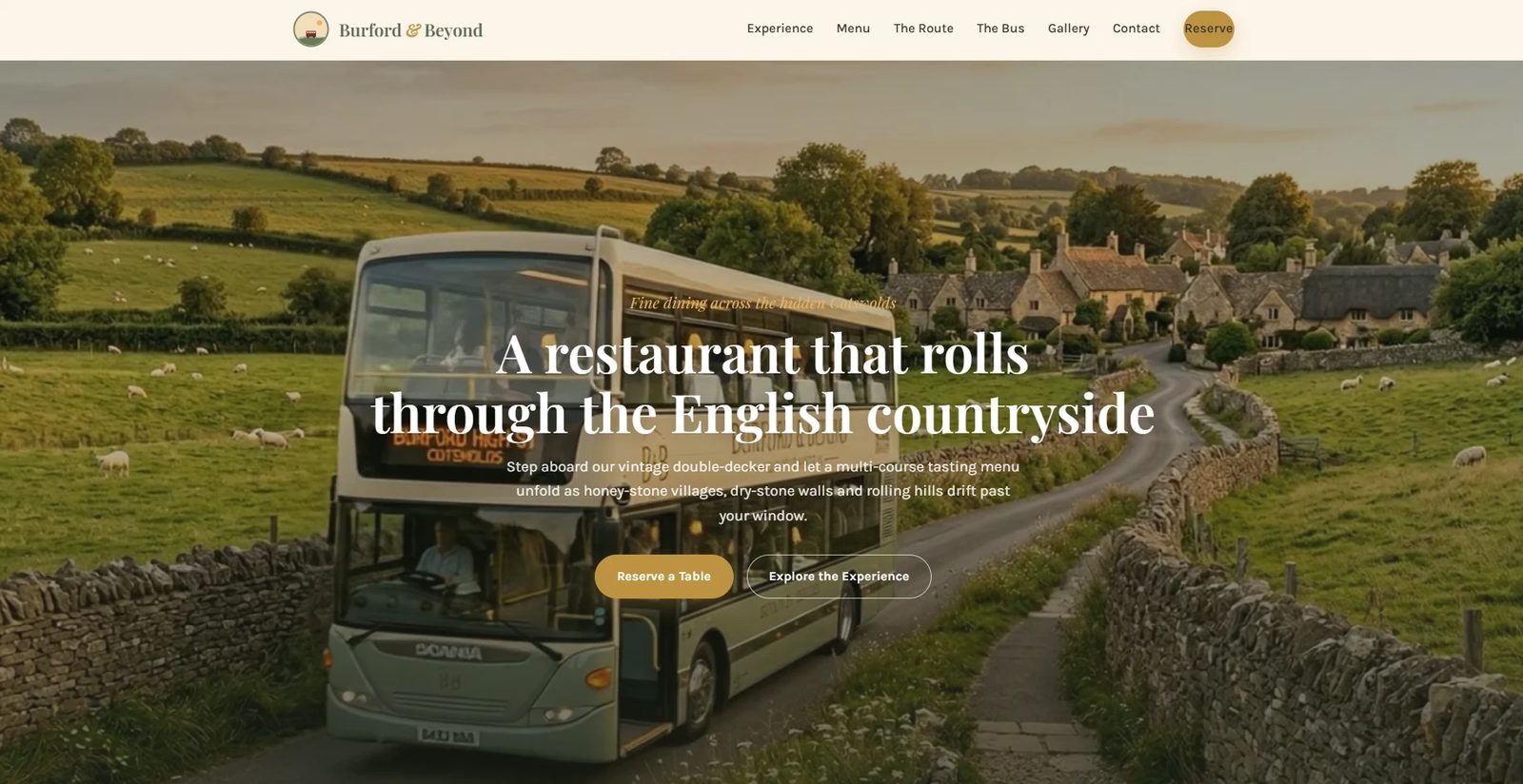 Burford & Beyond — homepage hero: a vintage double-decker bus rolling through the Cotswolds countryside, with the headline 'A restaurant that rolls through the English countryside' overlaid.