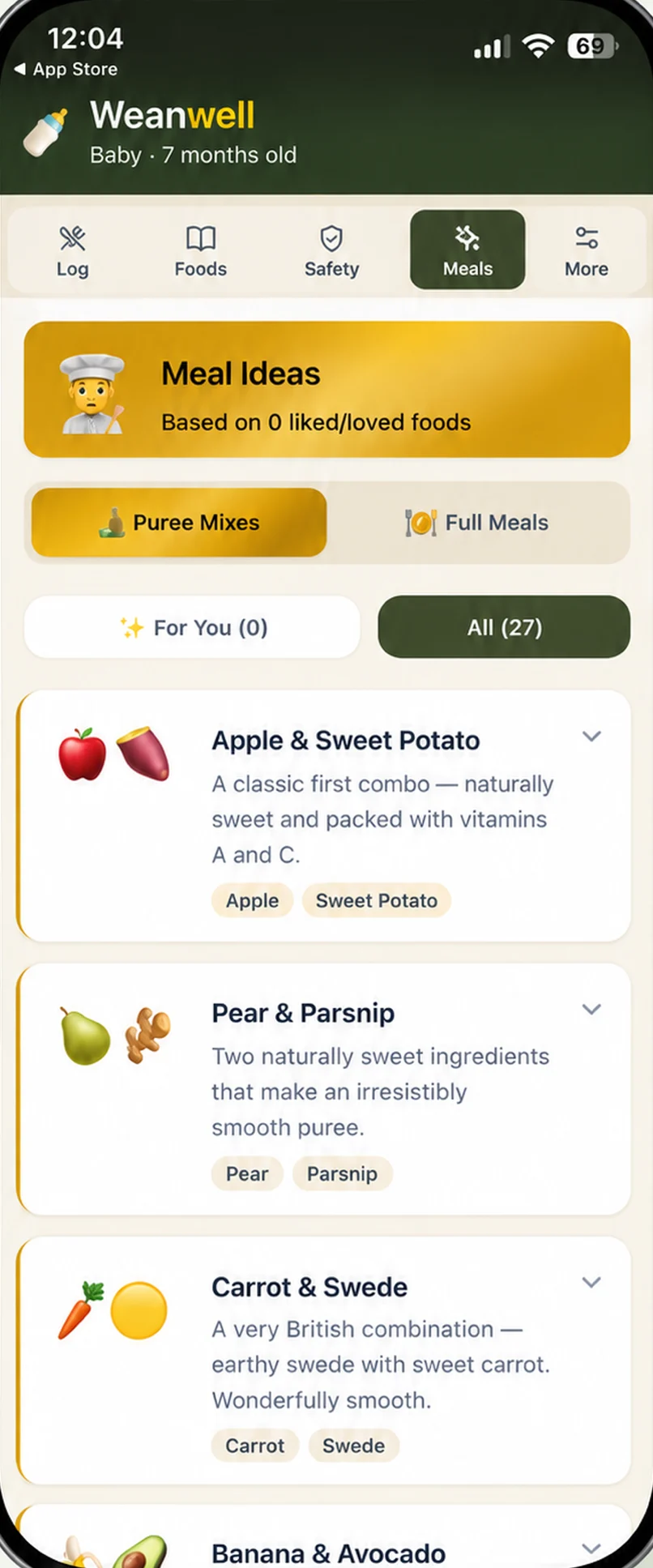 The Weanwell app showing meal ideas for a seven-month-old
